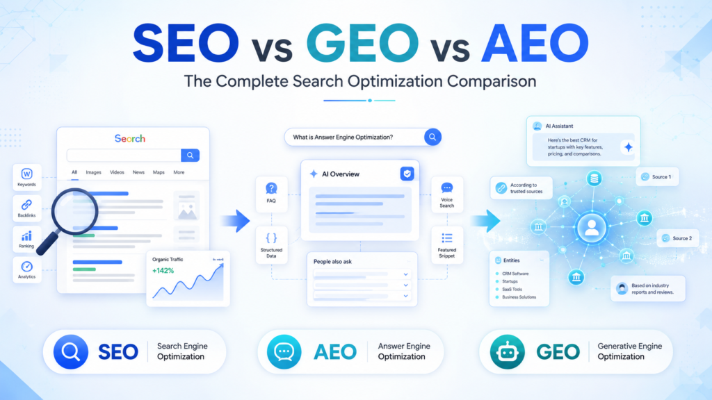 SEO vs GEO vs AEO: What's the Difference and Which Strategy Matters in 2026?